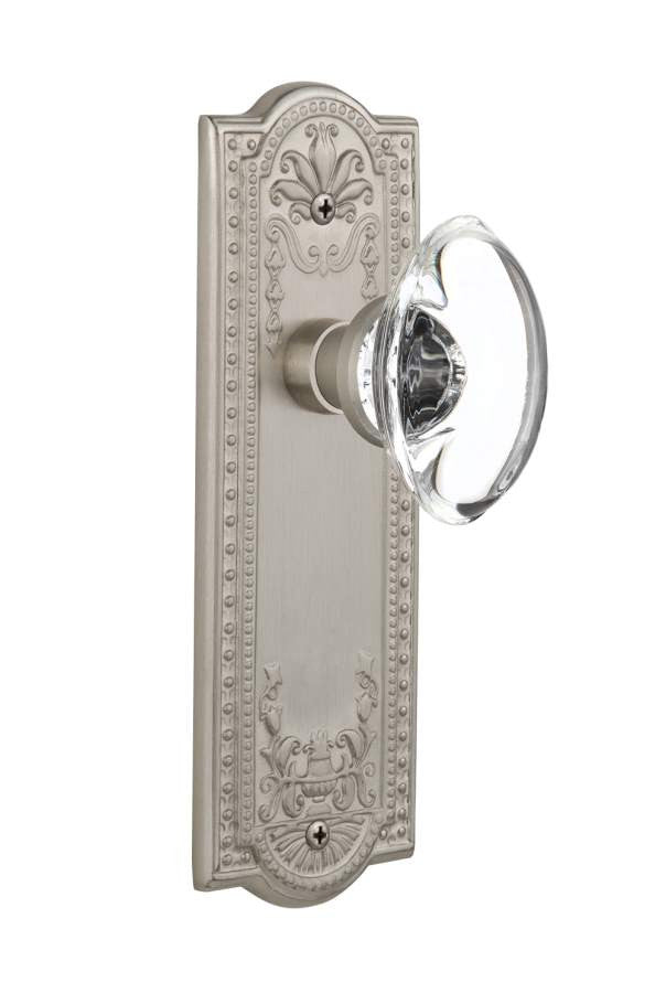 Nostalgic 711627: Meadows Backplate w/Oval Clear Glass Crystal Knob Privacy Door Set - Satin Nickel