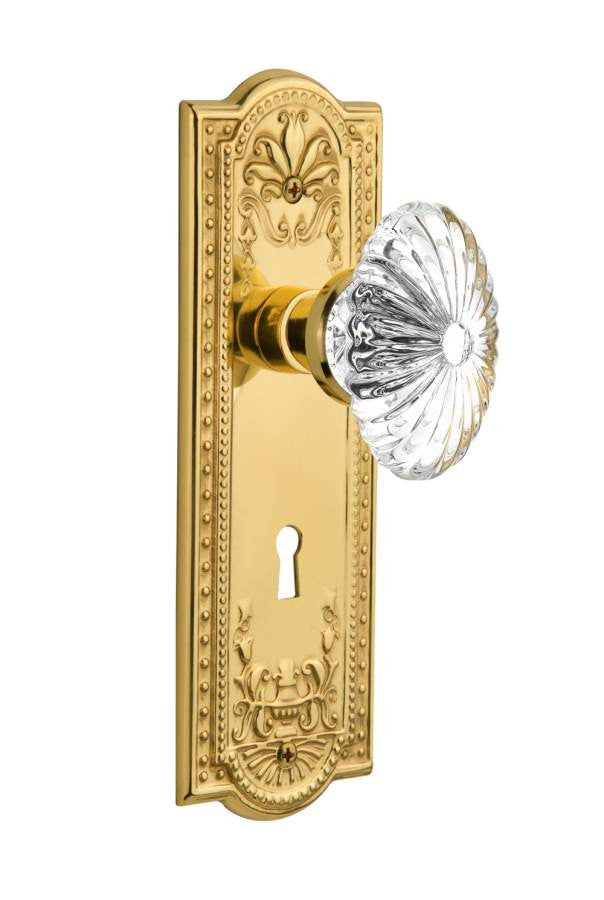Nostalgic 717002: Meadows Backplate w/Oval Fluted Clear Glass Crystal Knob Passage Door Set - Unlacquered Brass