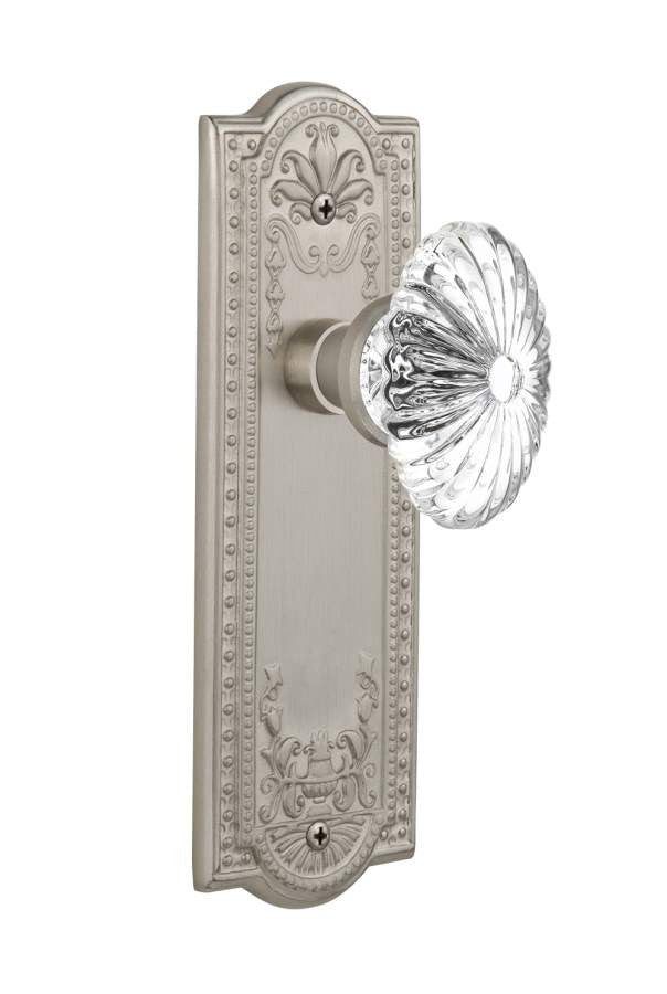 Nostalgic 711779: Meadows Backplate w/Oval Fluted Clear Glass Crystal Knob Passage Door Set - Satin Nickel