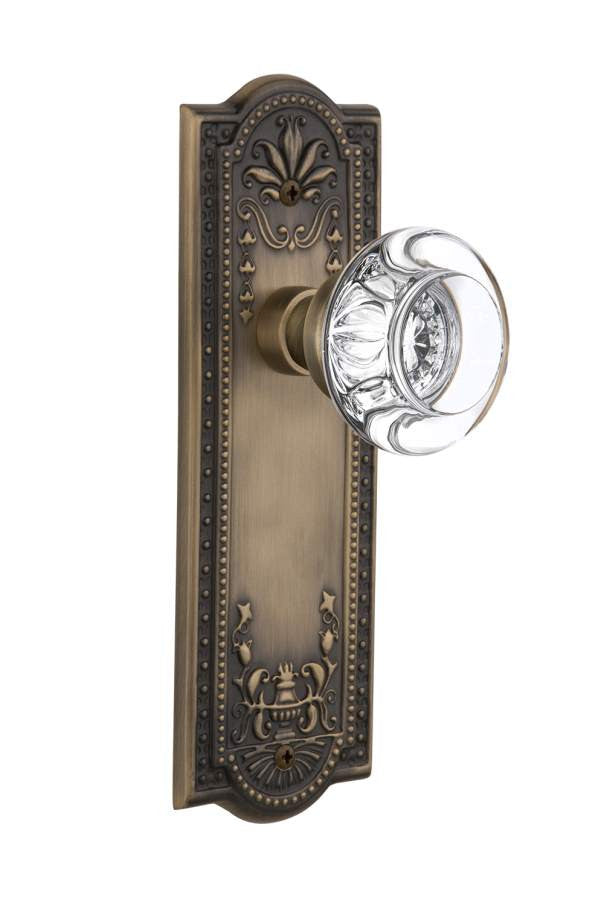 Nostalgic 712310: Meadows Backplate w/Round Clear Glass Crystal Knob Single Dummy Door Set - Antique Brass