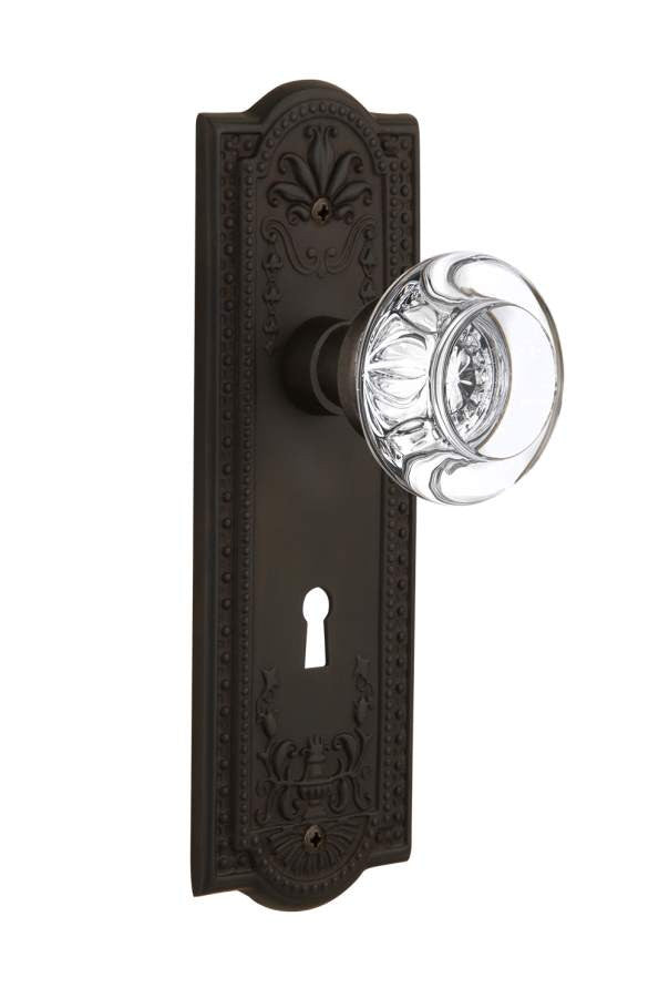 Nostalgic 712271: Meadows Backplate w/Round Clear Glass Crystal Knob Passage Door Set - Oil-Rubbed Bronze