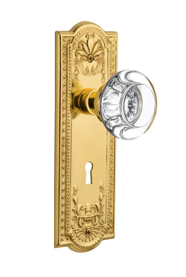 Nostalgic 712560: Meadows Backplate w/Round Clear Glass Crystal Knob Privacy Door Set - Polished Brass