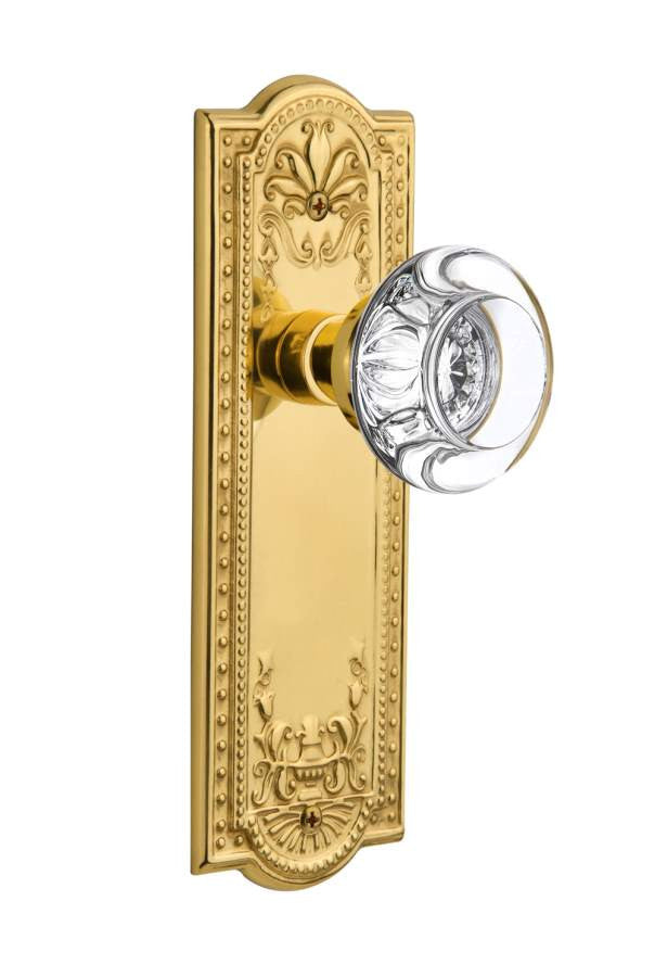 Nostalgic 716990: Meadows Backplate w/Round Clear Glass Crystal Knob Passage Door Set - Unlacquered Brass