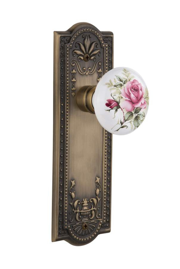Nostalgic 711182: Meadows Backplate w/White Rose Porcelain Knob Privacy Door Set - Antique Brass