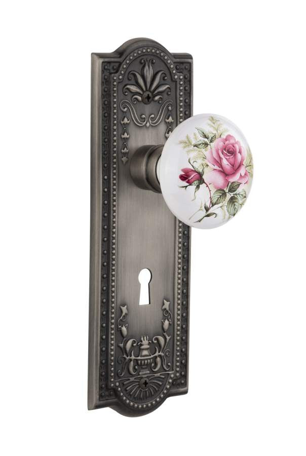 Nostalgic 711045: Meadows Backplate w/White Rose Porcelain Knob Single Dummy Door Set - Antique Pewter