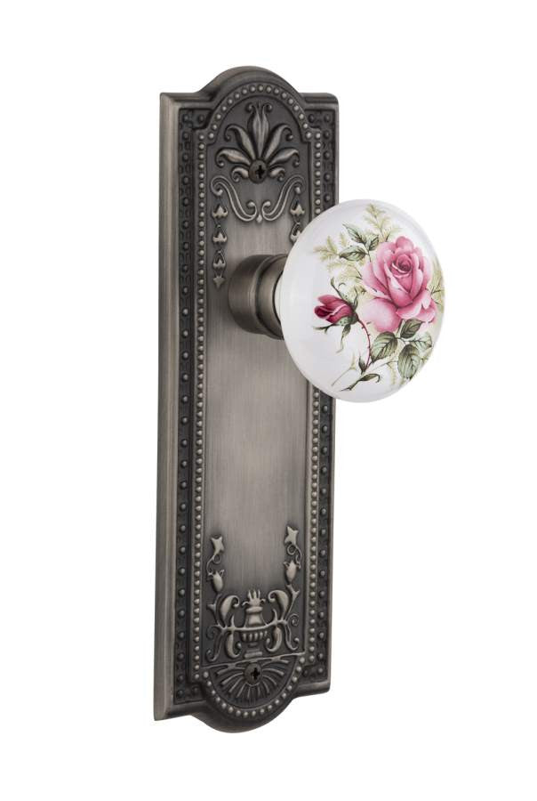 Nostalgic 711183: Meadows Backplate w/White Rose Porcelain Knob Privacy Door Set - Antique Pewter