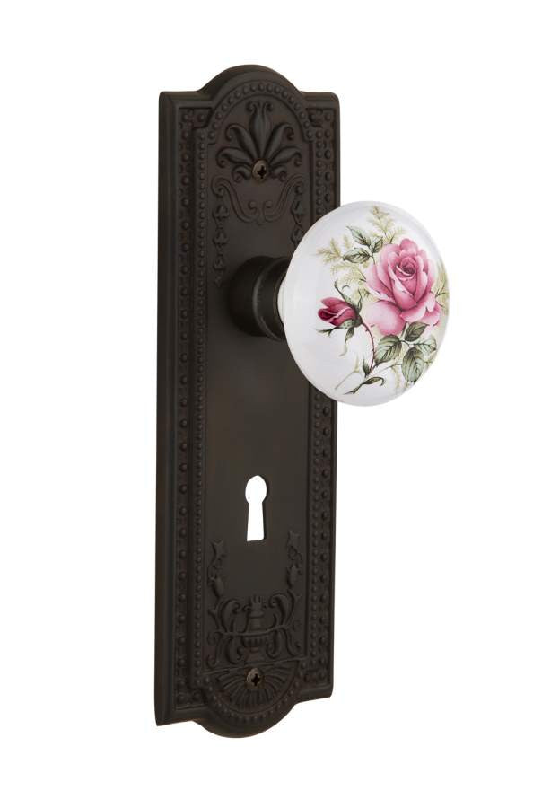 Nostalgic 711288: Mortise Meadows Plate Rose Porcelain Knob - Oil Rubbed Bronze