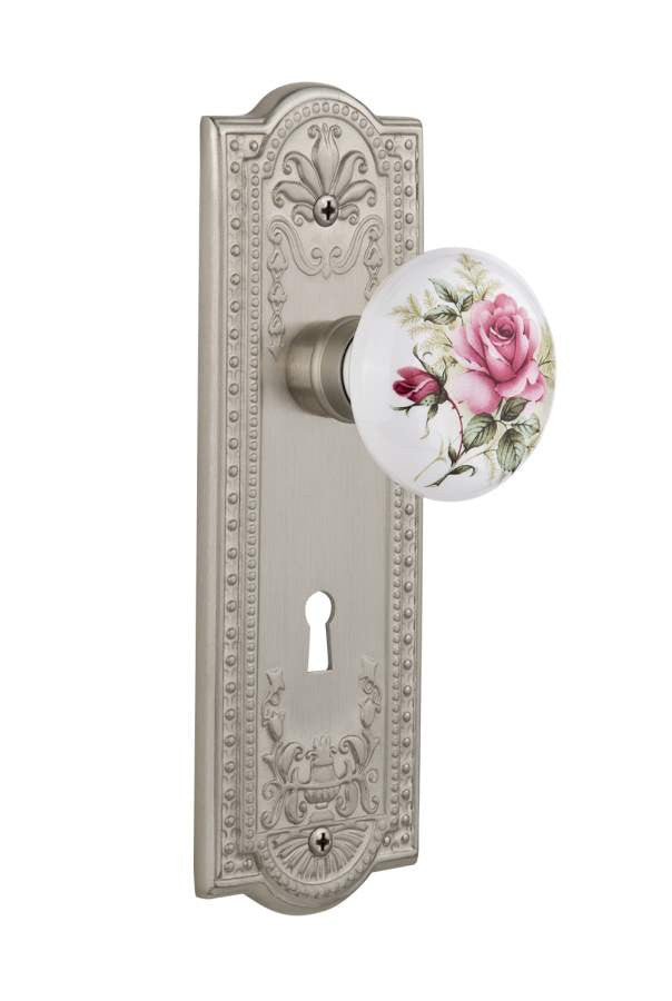 Nostalgic 710953: Meadows Backplate w/White Rose Porcelain Knob Passage Door Set - Satin Nickel