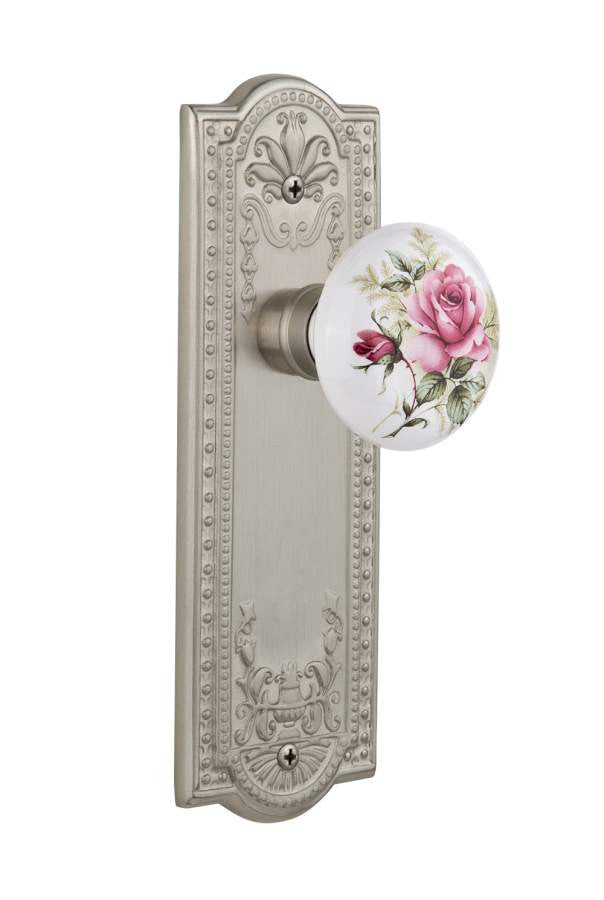 Nostalgic 710995: Meadows Backplate w/White Rose Porcelain Knob Single Dummy Door Set - Satin Nickel