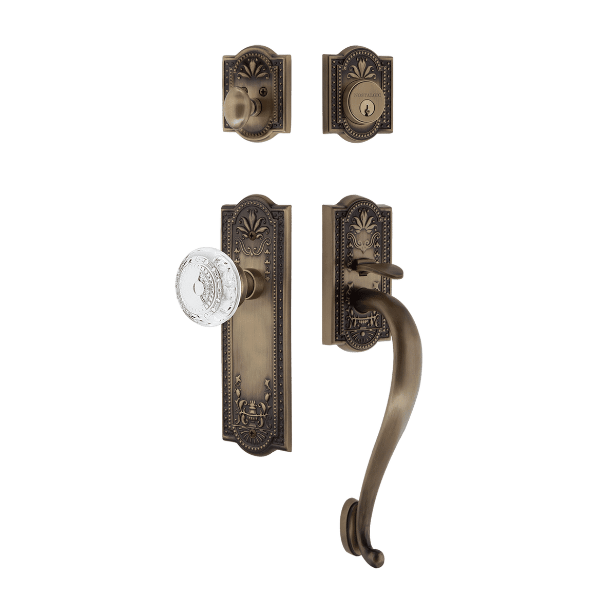 Nostalgic 755796: Entry Lockset w/Meadows Backplate, S-Grip Exterior Handle and Meadows Knob - Antique Brass