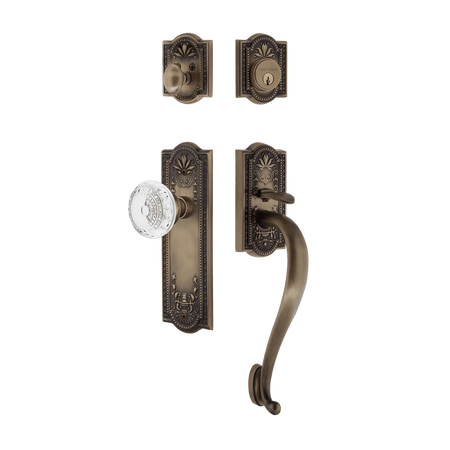 Nostalgic 755797: Entry Lockset w/Meadows Backplate, S-Grip Exterior Handle and Meadows Knob - Antique Brass