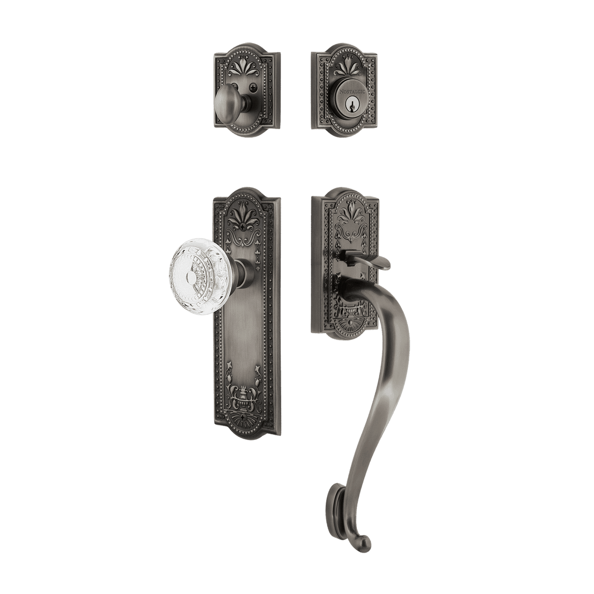 Nostalgic 755809: Entry Lockset w/Meadows Backplate, S-Grip Exterior Handle and Meadows Knob - Antique Pewter
