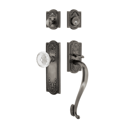 Nostalgic 755808: Entry Lockset w/Meadows Backplate, S-Grip Exterior Handle and Meadows Knob - Antique Pewter
