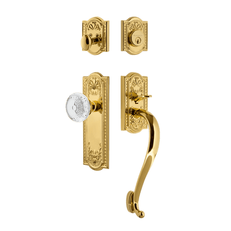 Nostalgic 755821: Entry Lockset w/Meadows Backplate, S-Grip Exterior Handle and Meadows Knob - Polished Brass