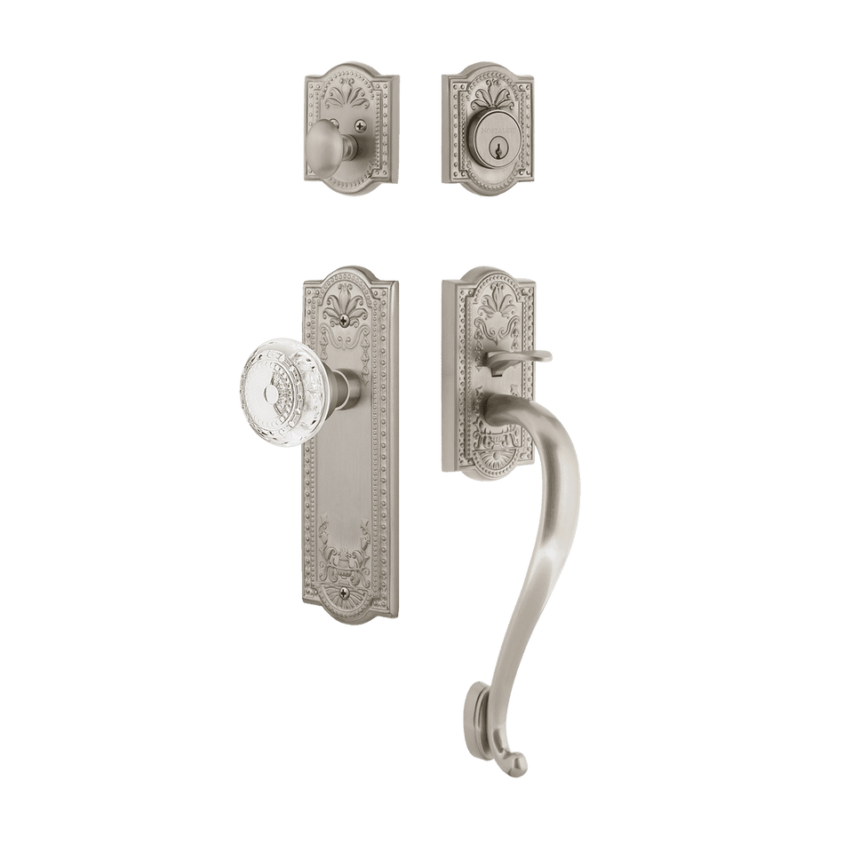 Nostalgic 755833: Entry Lockset w/Meadows Backplate, S-Grip Exterior Handle and Meadows Knob - Satin Nickel