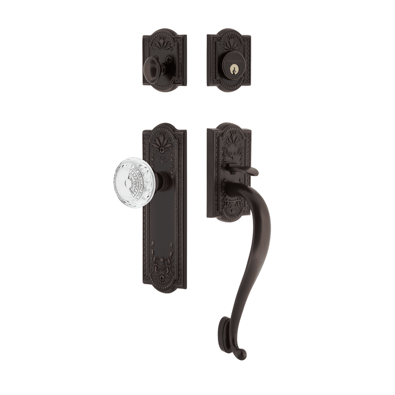 Nostalgic 755845: Entry Lockset w/Meadows Backplate, S-Grip Exterior Handle and Meadows Knob - Timeless Bronze