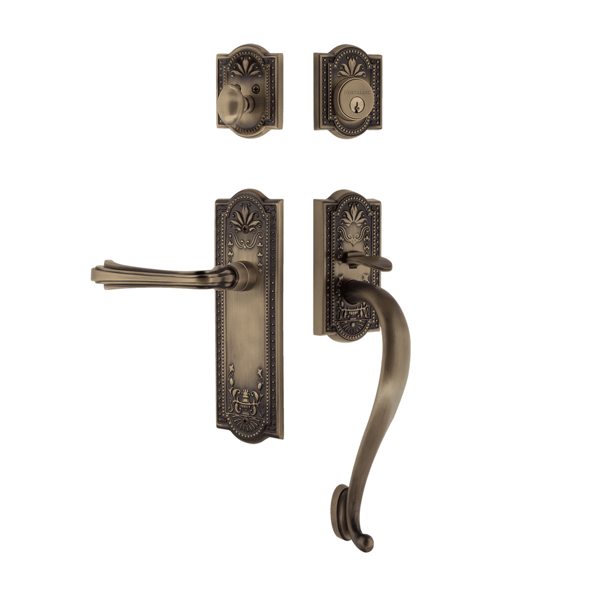Nostalgic 770411: Entry Lockset w/Meadows Backplate, S-Grip Exterior Handle and Fleur Interior Lever - Antique Brass