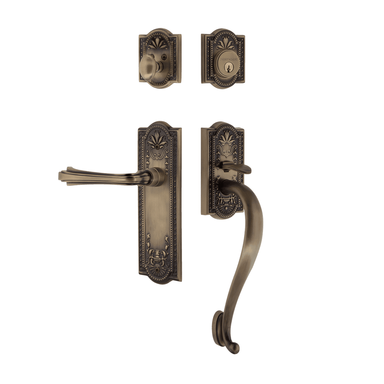 Nostalgic 770361: Entry Lockset w/Meadows Backplate, S-Grip Exterior Handle and Fleur Interior Lever - Antique Brass