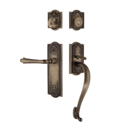 Nostalgic 770361: Entry Lockset w/Meadows Backplate, S-Grip Exterior Handle and Fleur Interior Lever - Antique Brass