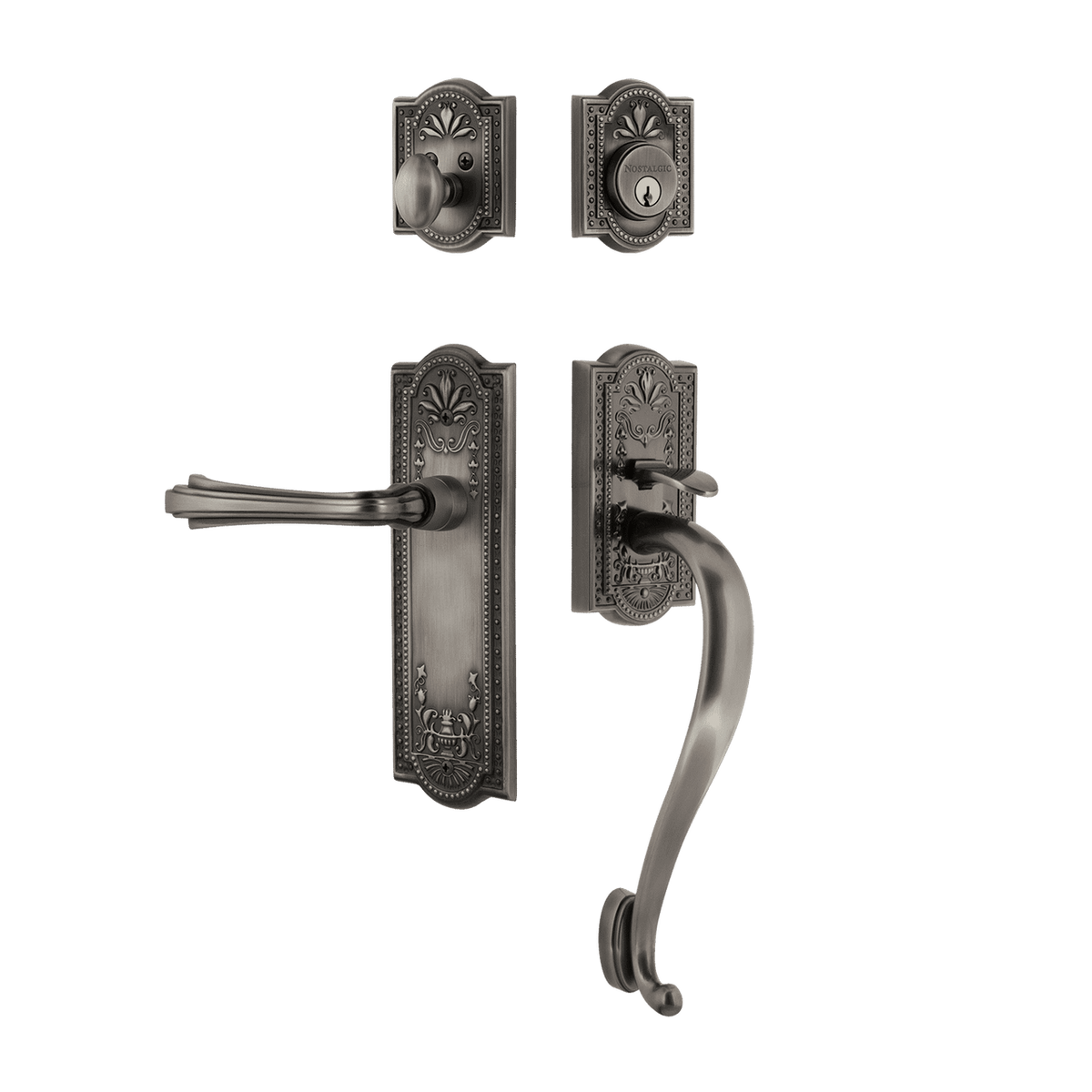 Nostalgic 770386: Entry Lockset w/Meadows Backplate, S-Grip Exterior Handle and Fleur Interior Lever - Antique Pewter