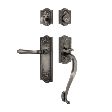 Nostalgic 770386: Entry Lockset w/Meadows Backplate, S-Grip Exterior Handle and Fleur Interior Lever - Antique Pewter