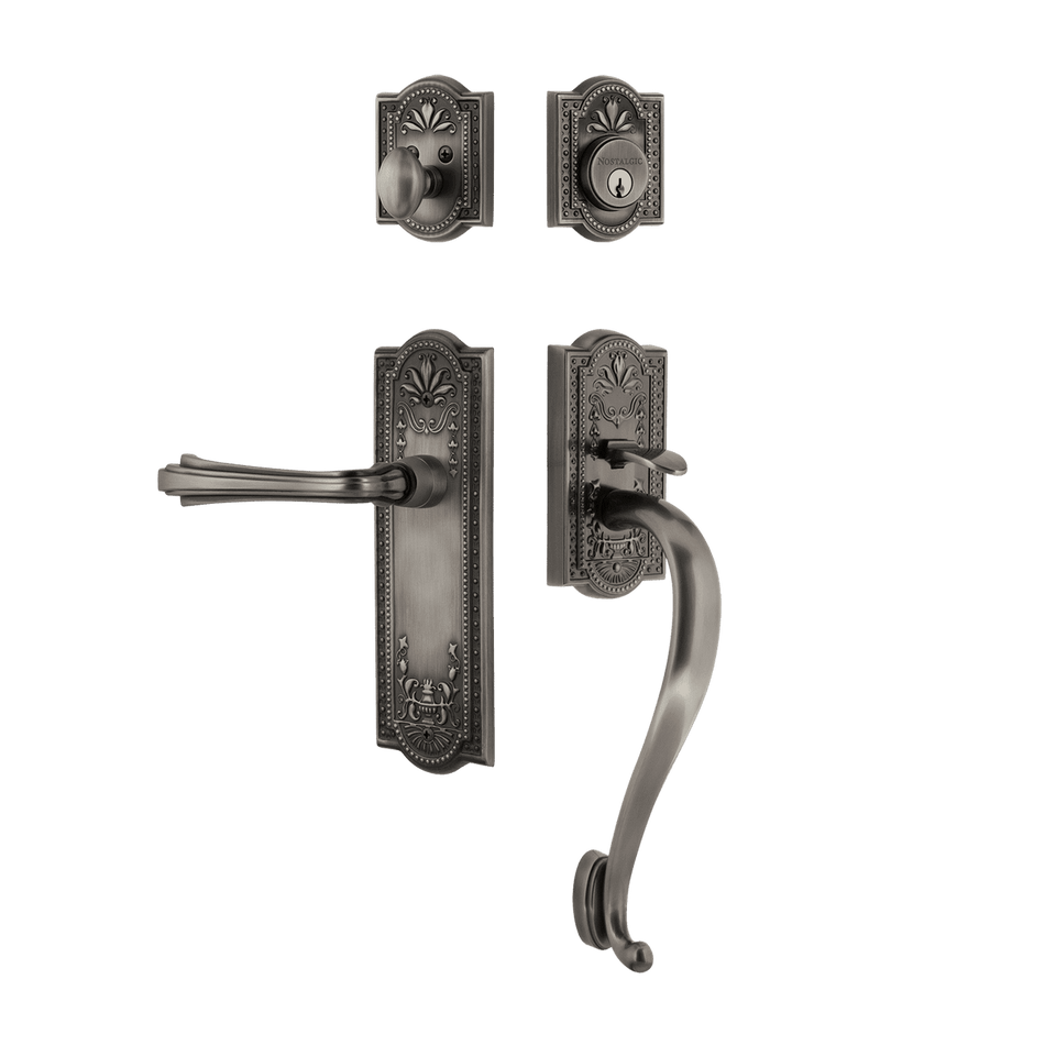Nostalgic 770386: Entry Lockset w/Meadows Backplate, S-Grip Exterior Handle and Fleur Interior Lever - Antique Pewter