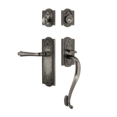 Nostalgic 770386: Entry Lockset w/Meadows Backplate, S-Grip Exterior Handle and Fleur Interior Lever - Antique Pewter