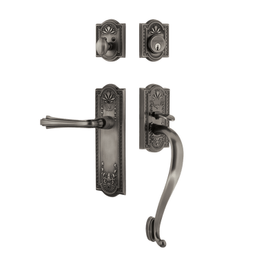 Nostalgic 770362: Entry Lockset w/Meadows Backplate, S-Grip Exterior Handle and Fleur Interior Lever - Antique Pewter