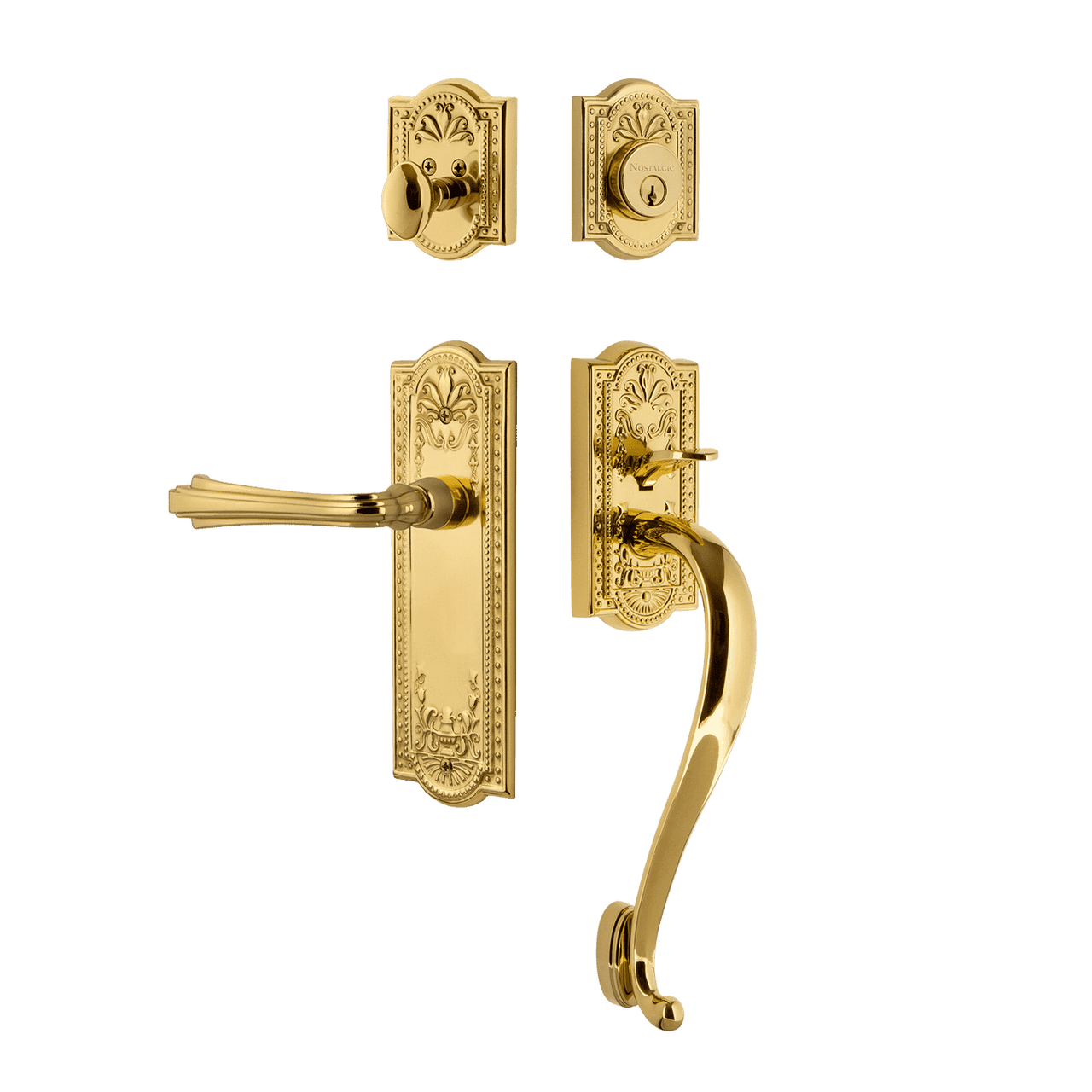 Nostalgic 770389: Entry Lockset w/Meadows Backplate, S-Grip Exterior Handle and Fleur Interior Lever - Polished Brass