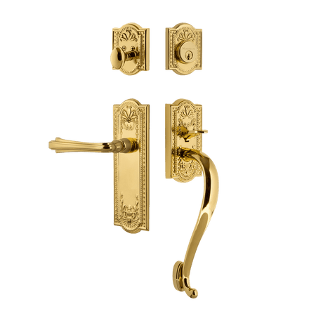 Nostalgic 770360: Entry Lockset w/Meadows Backplate, S-Grip Exterior Handle and Fleur Interior Lever - Polished Brass