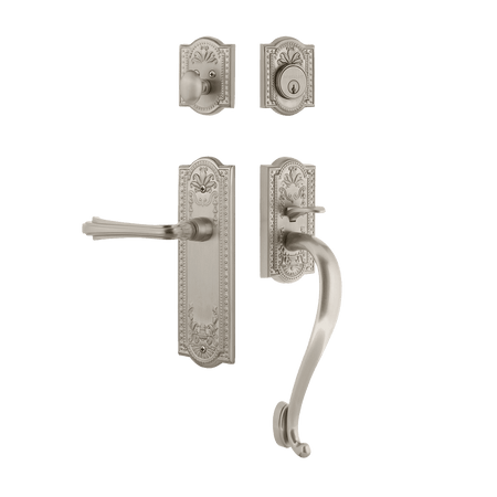 Nostalgic 768927: Entry Lockset w/Meadows Backplate, S-Grip Exterior Handle and Fleur Interior Lever - Satin Nickel