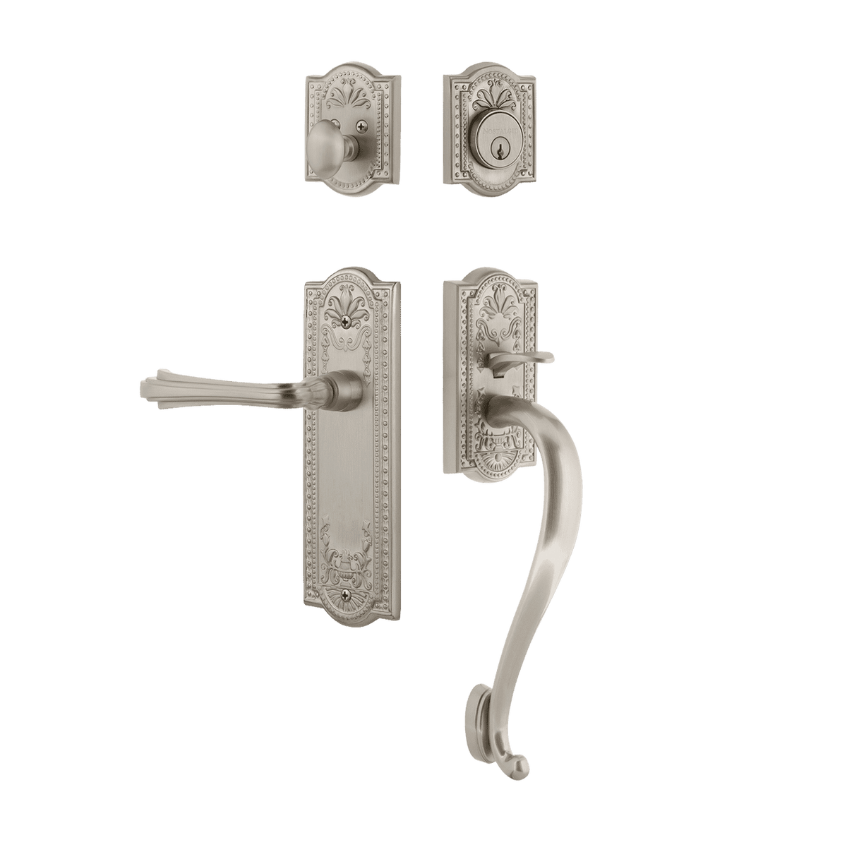 Nostalgic 770359: Entry Lockset w/Meadows Backplate, S-Grip Exterior Handle and Fleur Interior Lever - Satin Nickel