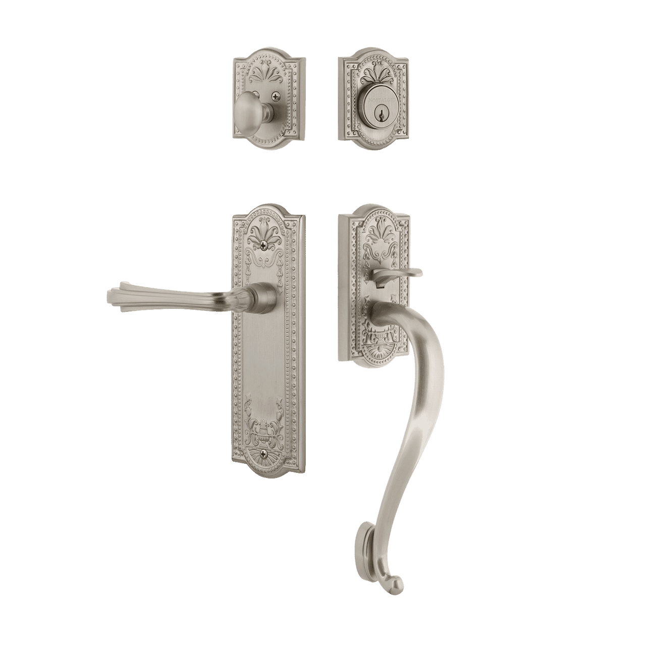 Nostalgic 770359: Entry Lockset w/Meadows Backplate, S-Grip Exterior Handle and Fleur Interior Lever - Satin Nickel