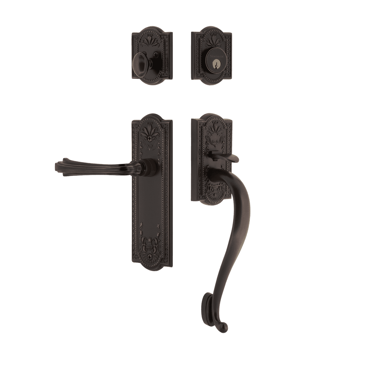 Nostalgic 770410: Entry Lockset w/Meadows Backplate, S-Grip Exterior Handle and Fleur Interior Lever - Timeless Bronze