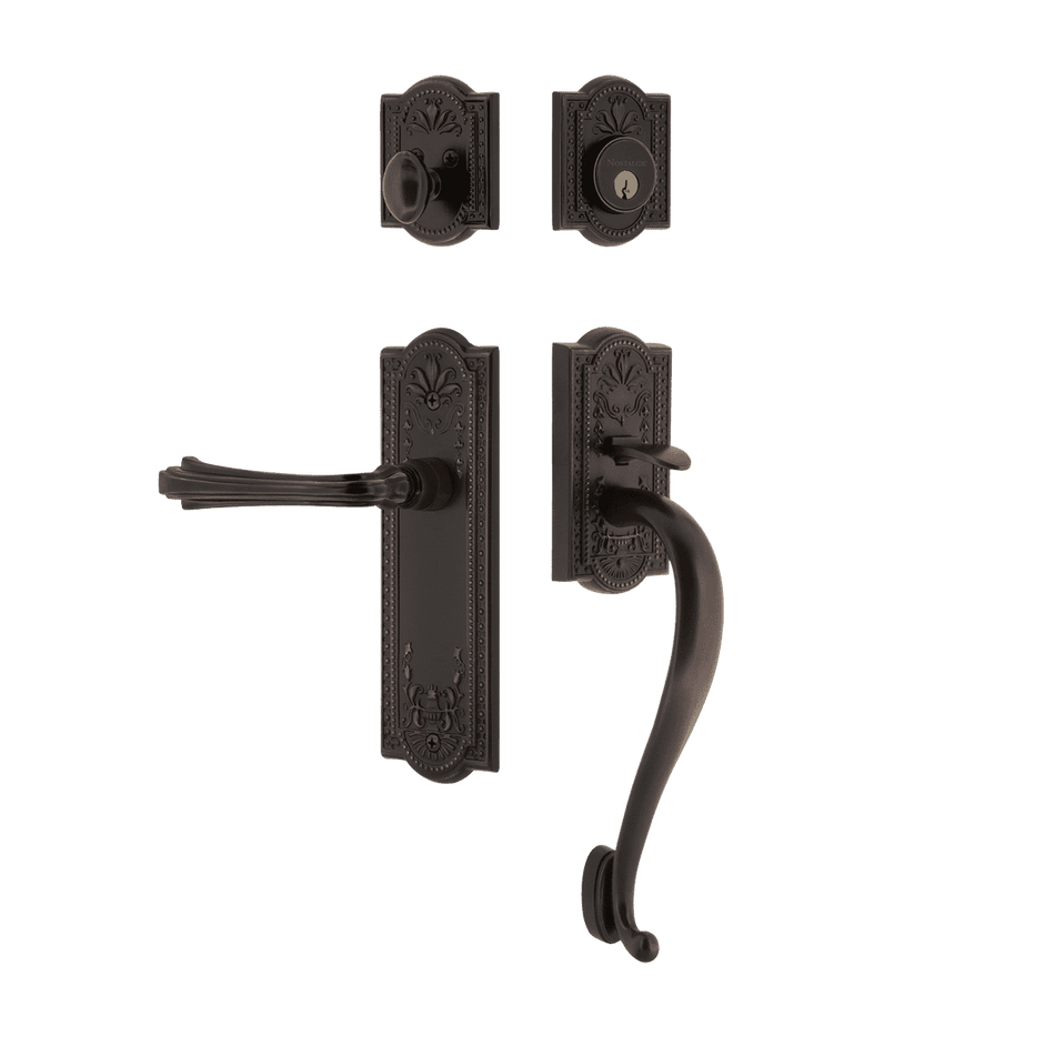 Nostalgic 770410: Entry Lockset w/Meadows Backplate, S-Grip Exterior Handle and Fleur Interior Lever - Timeless Bronze