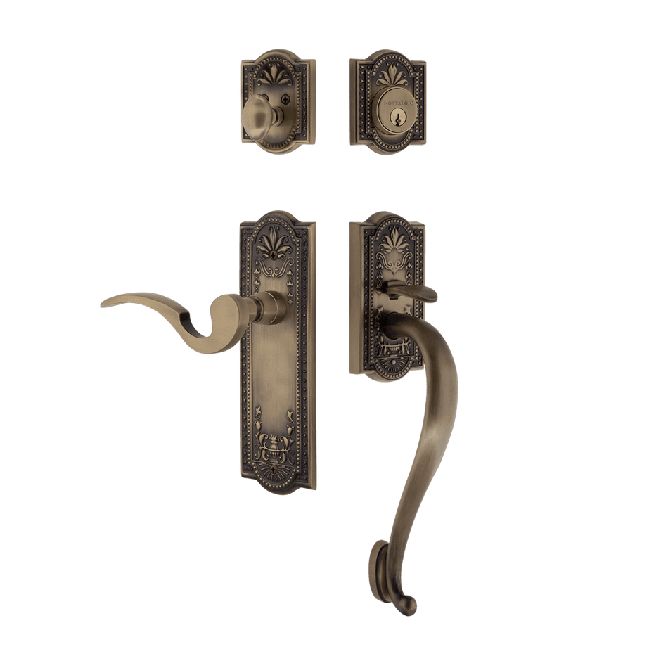 Nostalgic 767540: Entry Lockset w/Meadows Backplate, S-Grip Exterior Handle and Manor Interior Lever - Antique Brass