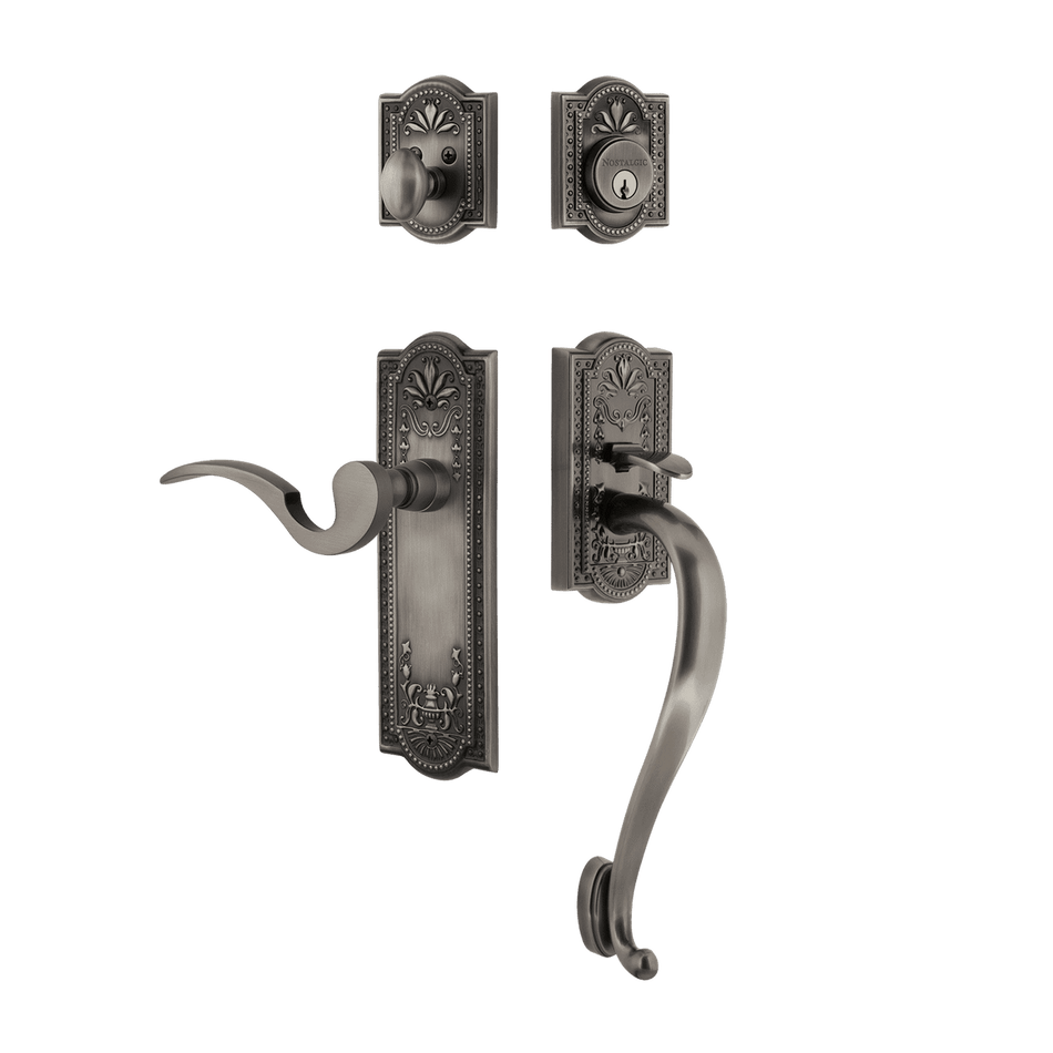 Nostalgic 770480: Entry Lockset w/Meadows Backplate, S-Grip Exterior Handle and Manor Interior Lever - Antique Pewter
