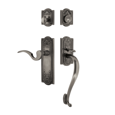 Nostalgic 770480: Entry Lockset w/Meadows Backplate, S-Grip Exterior Handle and Manor Interior Lever - Antique Pewter