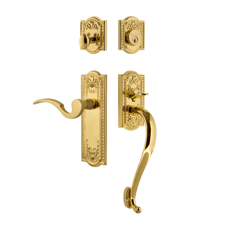 Nostalgic 767536: Entry Lockset w/Meadows Backplate, S-Grip Exterior Handle and Manor Interior Lever - Polished Brass