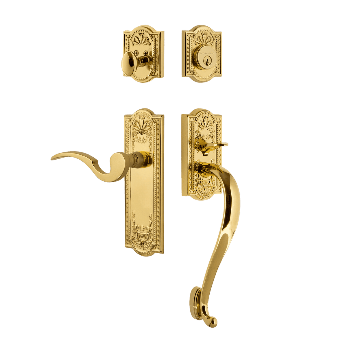 Nostalgic 770434: Entry Lockset w/Meadows Backplate, S-Grip Exterior Handle and Manor Interior Lever - Polished Brass