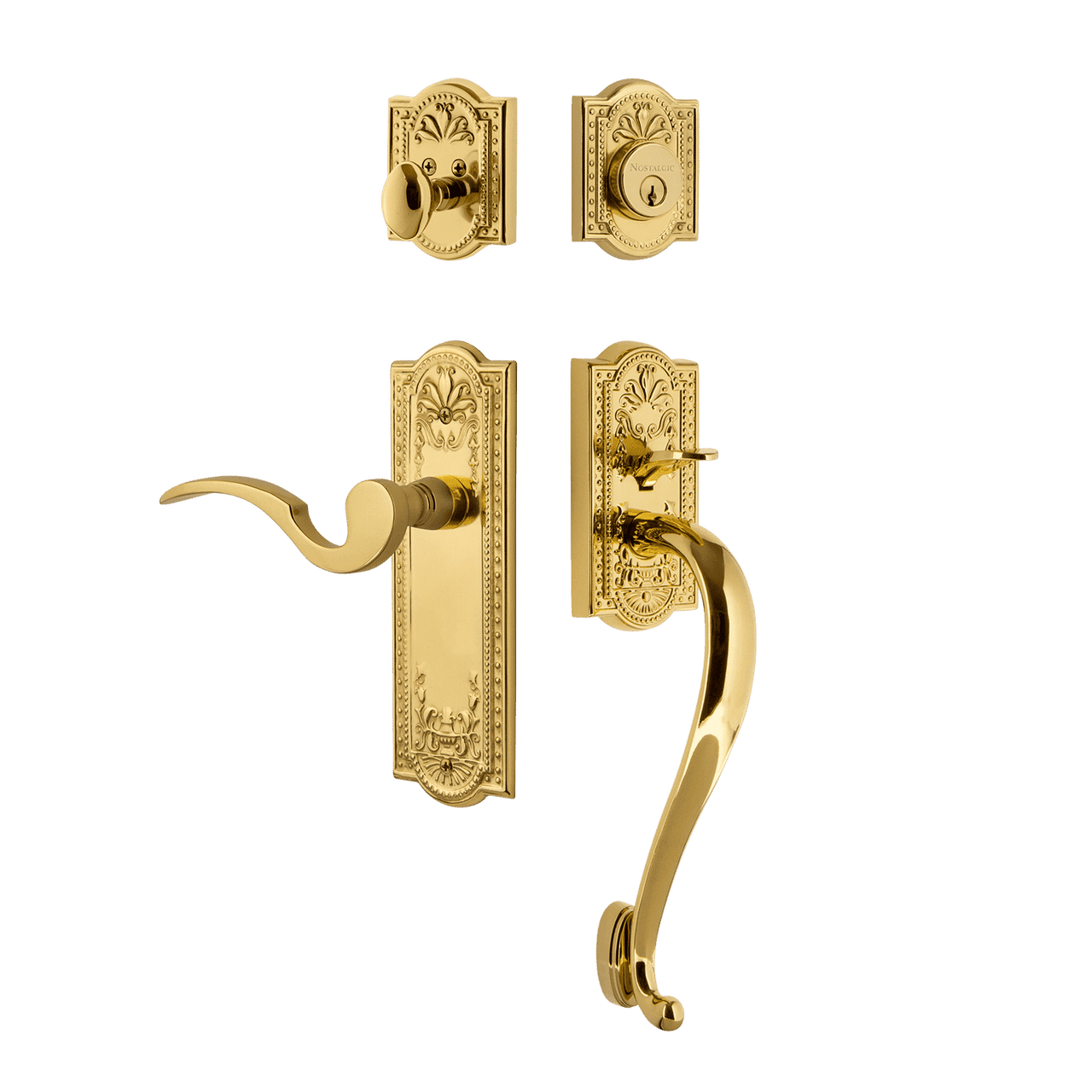 Nostalgic 767531: Entry Lockset w/Meadows Backplate, S-Grip Exterior Handle and Manor Interior Lever - Polished Brass