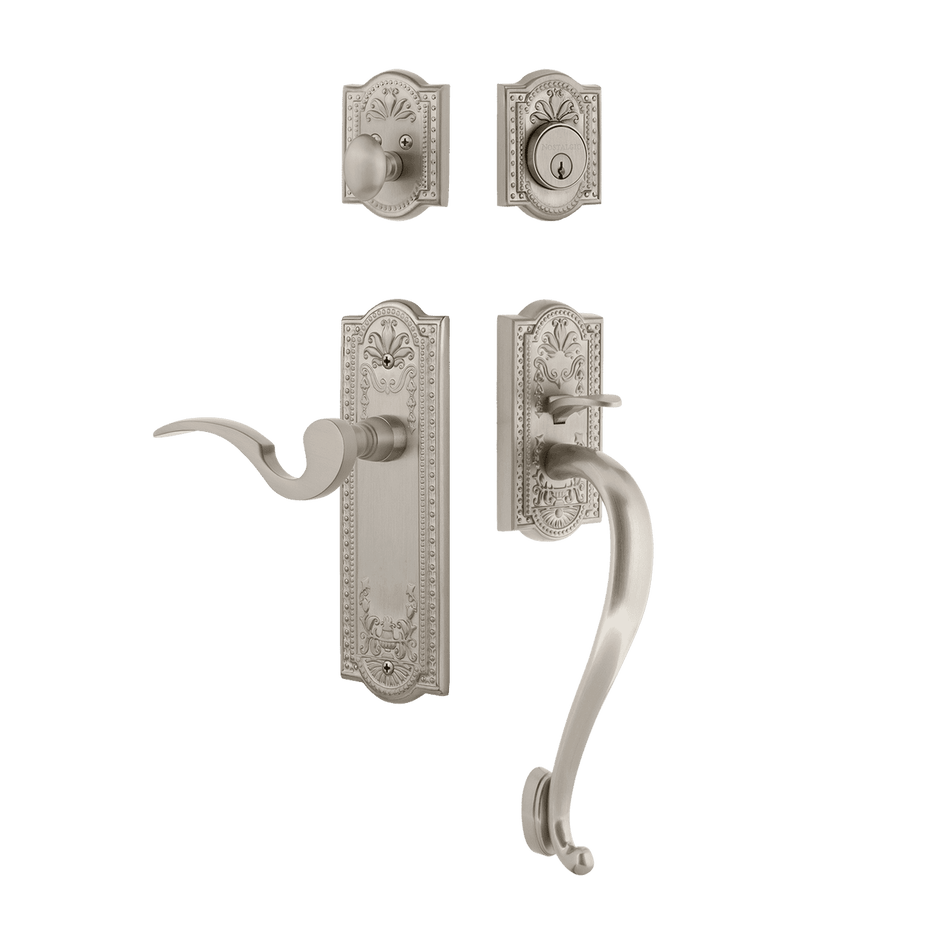 Nostalgic 770431: Entry Lockset w/Meadows Backplate, S-Grip Exterior Handle and Manor Interior Lever - Satin Nickel