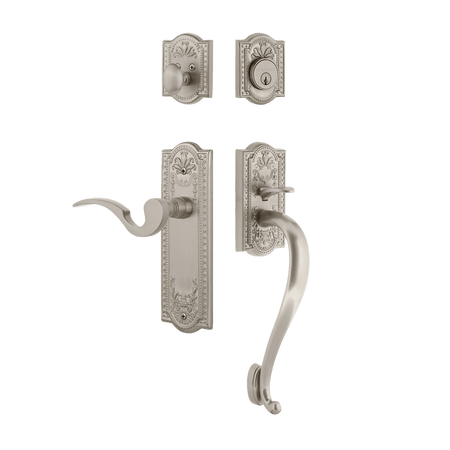 Nostalgic 767538: Entry Lockset w/Meadows Backplate, S-Grip Exterior Handle and Manor Interior Lever - Satin Nickel