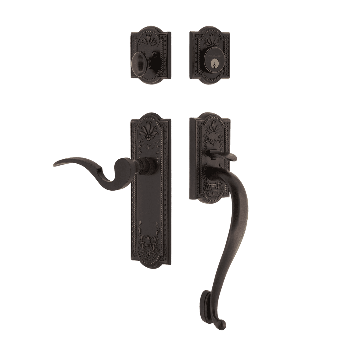 Nostalgic 770436: Entry Lockset w/Meadows Backplate, S-Grip Exterior Handle and Manor Interior Lever - Timeless Bronze