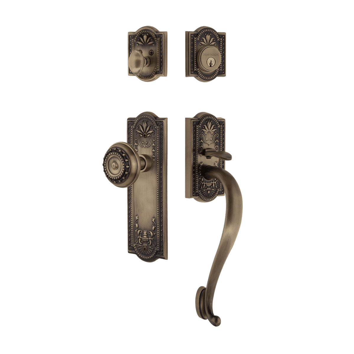 Nostalgic 727664: Entry Lockset w/Meadows Backplate, S-Grip Exterior Handle and Meadows Knob - Antique Brass