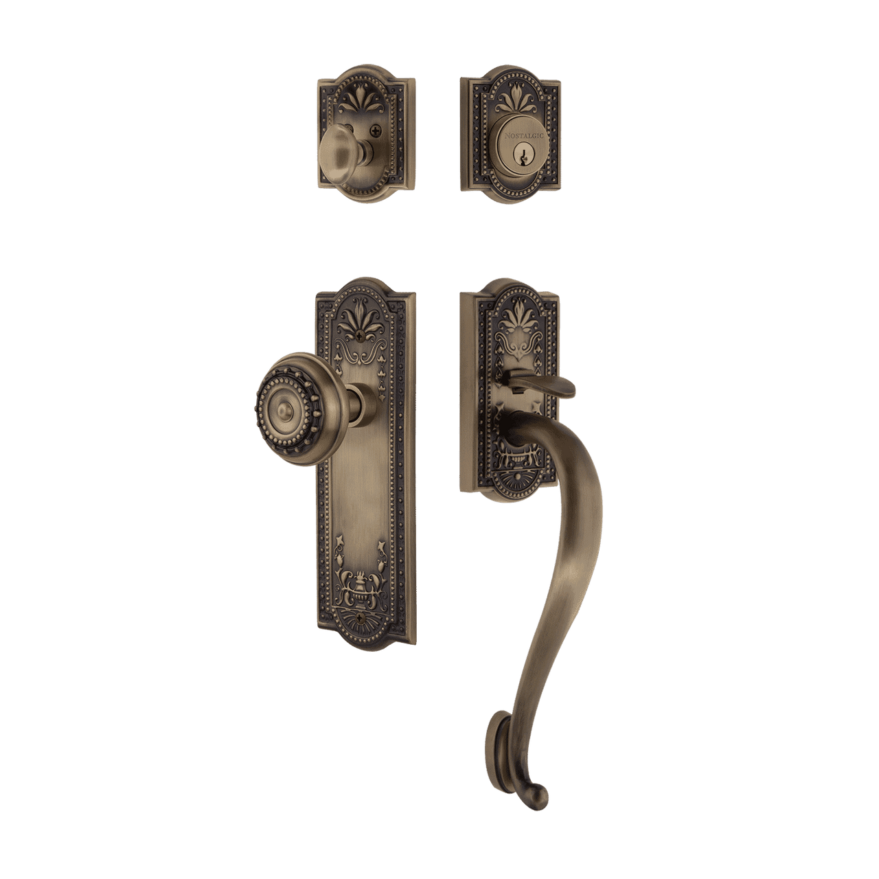 Nostalgic 727664: Entry Lockset w/Meadows Backplate, S-Grip Exterior Handle and Meadows Knob - Antique Brass