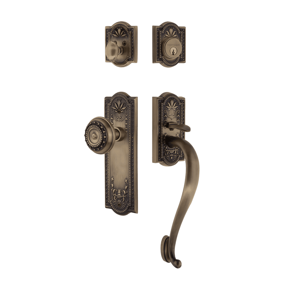 Nostalgic 719429: Entry Lockset w/Meadows Backplate, S-Grip Exterior Handle and Meadows Knob - Antique Brass