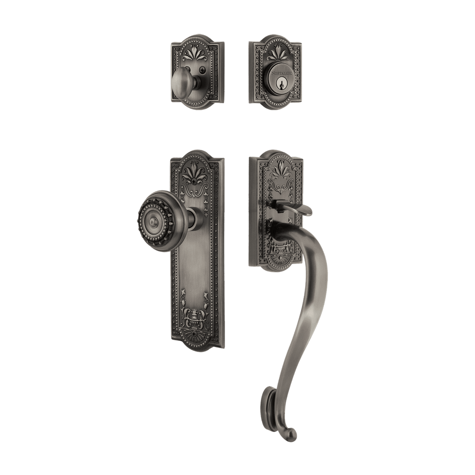 Nostalgic 727568: Entry Lockset w/Meadows Backplate, S-Grip Exterior Handle and Meadows Knob - Antique Pewter
