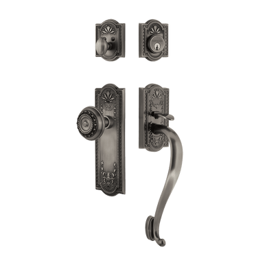 Nostalgic 727568: Entry Lockset w/Meadows Backplate, S-Grip Exterior Handle and Meadows Knob - Antique Pewter