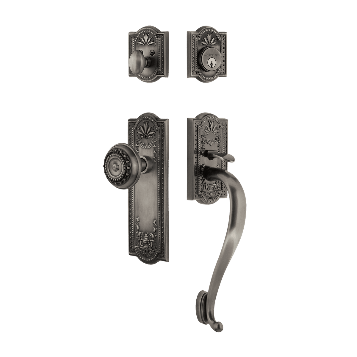 Nostalgic 733351: Entry Lockset w/Meadows Backplate, S-Grip Exterior Handle and Meadows Knob - Antique Pewter